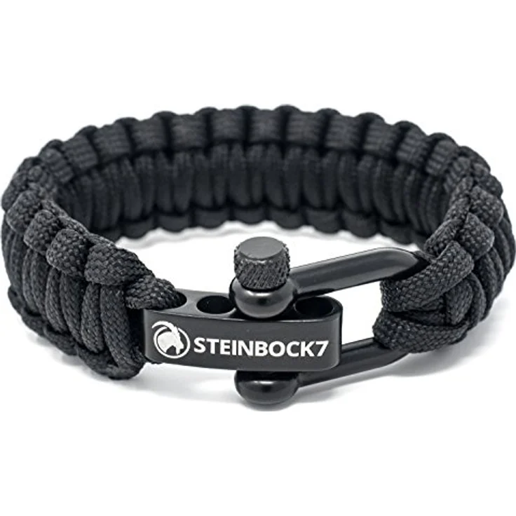 Steinbock7 Paracord Armband Herren Survival, geflochtenes Outdoor-Armband mit Edelstahlverschluss, verstellbar, schwarz – Bild 1