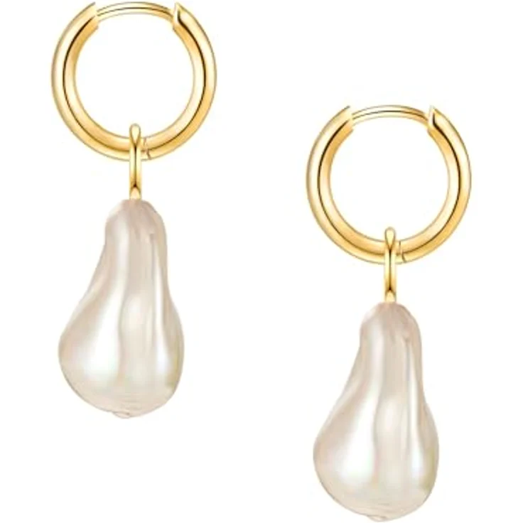 Yokoamii Damen Ohrringe, gelbvergoldet 14 Karat mit barock Muschelkernperle ca. 12,0-12,5 mm, Modeschmuckcreolen mit Klappverschluss – Bild 2