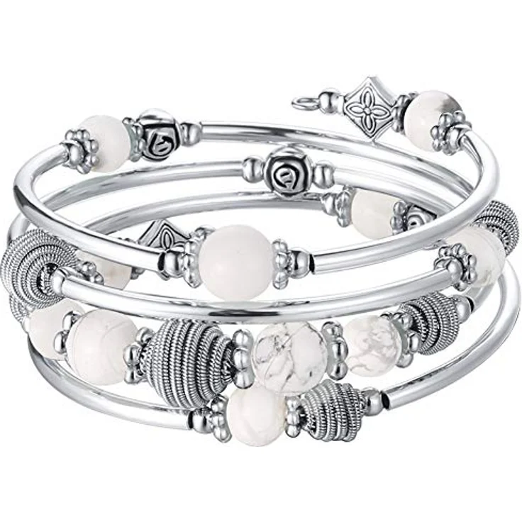 Bulinlin Silber Wickelarmband mit Howlite Naturstein Perlen, Boho Mehrschichtiges Damen Armband, perfektes Geburtstagsmodegeschenk für Frauen – Bild 1