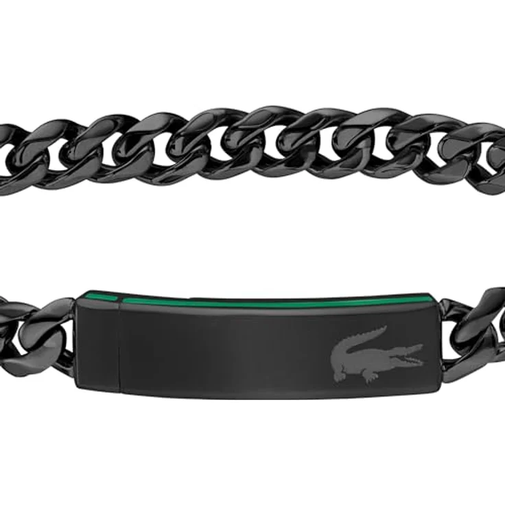 Lacoste Gliederarmband für Herren, Edelstahl mit schwarzer IP-Beschichtung, 19 cm Umfang, grünes emailliertes Streifen-Design, magnetischer Verschluss – Bild 2