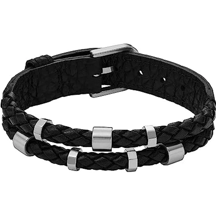 Fossil Herren-Armband Leather Essentials, Schwarzes Lederarmband, Länge: 256mm, Breite: 13.7mm, JF04473040, Edelstahlverschluss, Silberfarben, Poliert