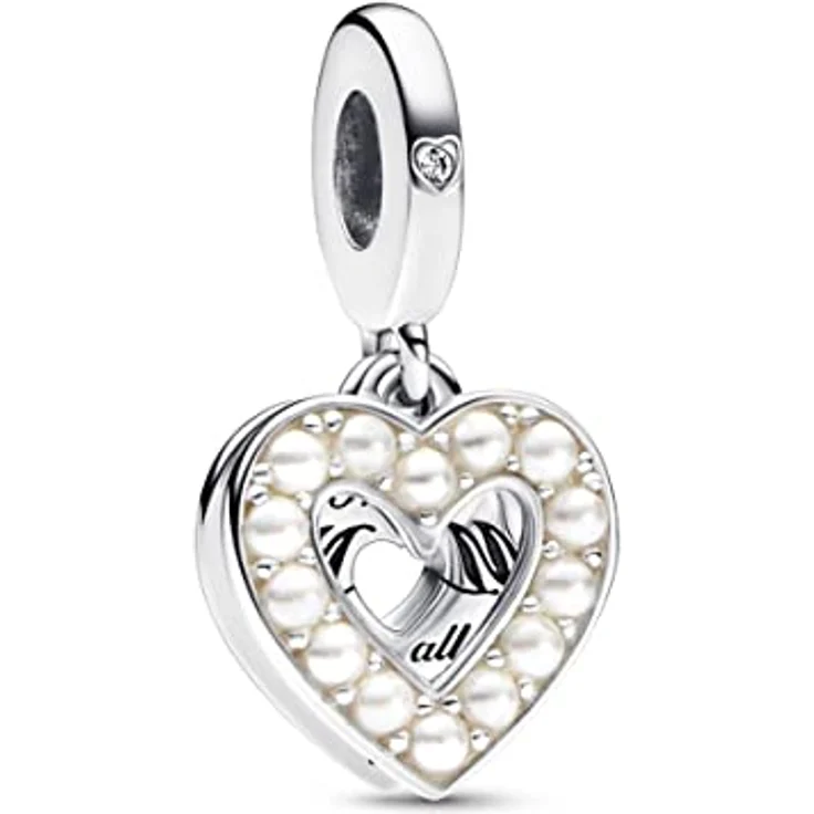 PANDORA Moments Perlmuttweißes Herz Doppelter Charm-Anhänger aus Sterling Silber, mit Gravur "Thanks MUM for all that you do" und künstlichen Perlmutt-Steinen, kompatibel mit Moments Armbändern, 792649C01 – Bild 1