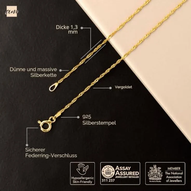 Amberta 925 Sterling Silber Halskette für Damen und Herren, Super Dünne Singapurkette, 45 cm, Gold, Hochglanzpolierte Oberfläche – Bild 5