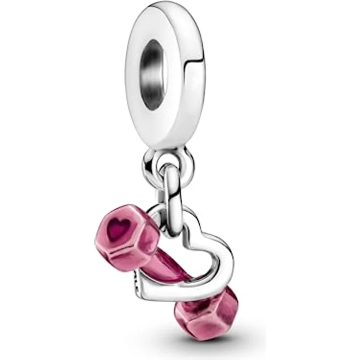 PANDORA Hantel & Herz Charm-Anhänger, Sterling-Silber mit rosafarbener Emaille – Bild 1