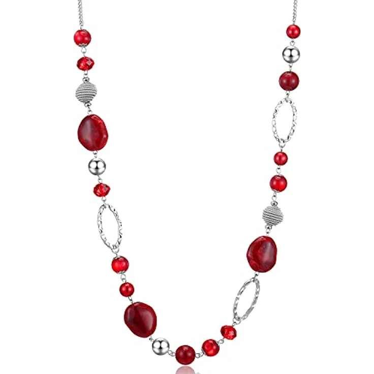 Bulinlin Langkette Damen, Silber Perlen Boho Statement Halskette, 35+3 Zoll, Rot – Bild 1