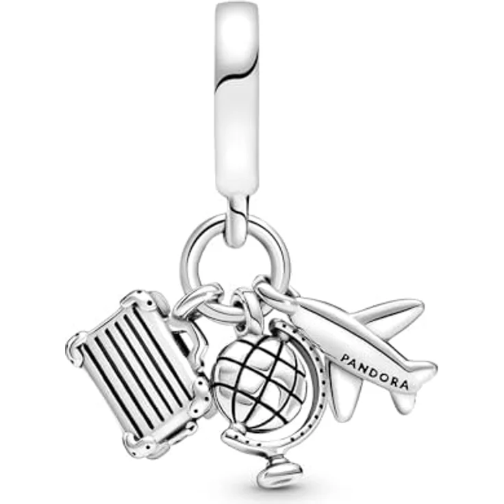 PANDORA Moments 799435C01, Charm-Anhänger Flugzeug, Globus und Koffer aus Sterling-Silber mit rosafarbener Emaille, 6x13,6x15 mm – Bild 2