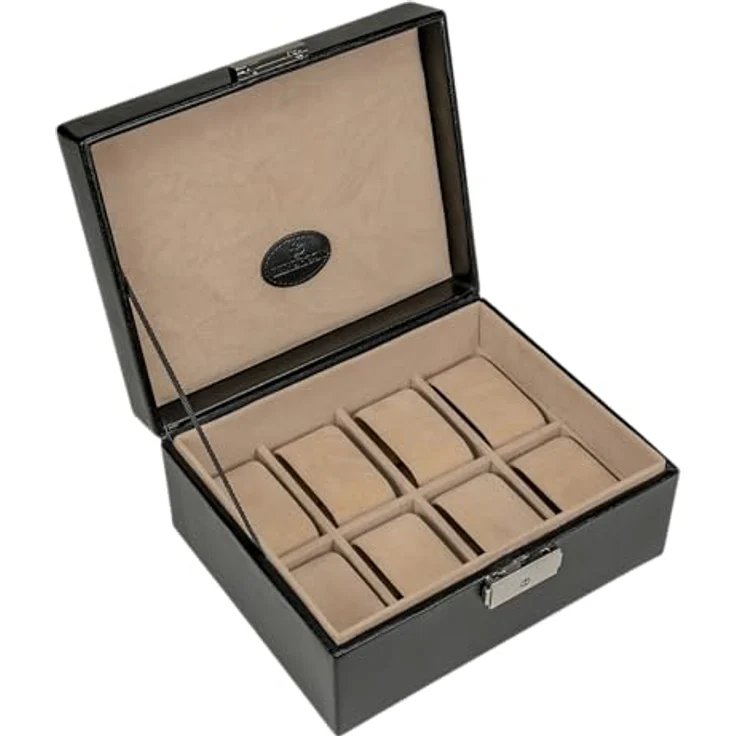 Windrose Merino Watch Safe Box Black, Schmuckkasten für Uhren mit eleganter Aufbewahrung, 19,5 x 16 x 9 cm – Bild 3