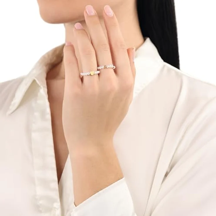 Amor Ring-Set aus Edelstahl für Damen, mit weißer Glasperle und Herz-Design, Geschenkidee in Schmuck Geschenk Box, 2040014 – Bild 4