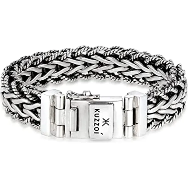 Kuzzoi handgefertigtes Silber Panzer-Armband, 925er Sterling Silber oxidiert, 15mm breit, Kastenverschluss mit Logo Gravur, 21 cm lange, 95 g schwer
