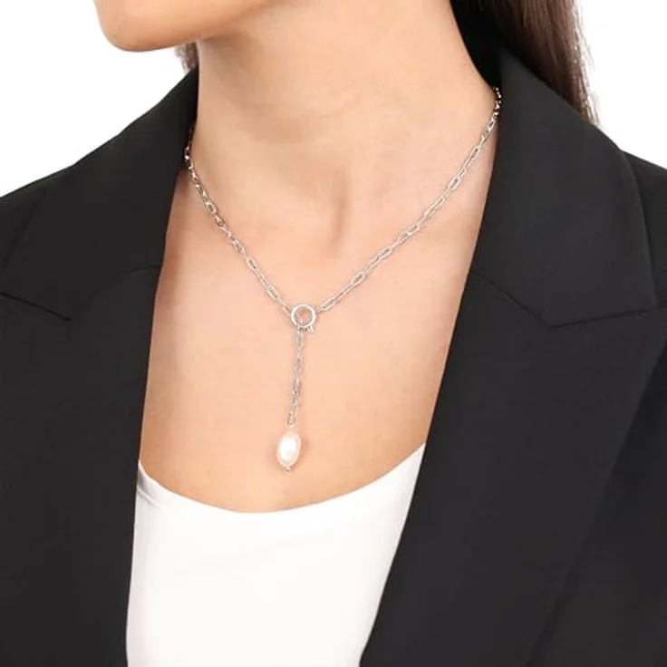 s.Oliver Kette mit Anhänger aus Edelstahl/925 Sterling Silber für Damen, 50 cm Halsschmuck mit Kristall und Süßwasserzuchtperle, in Geschenk Box – Bild 4