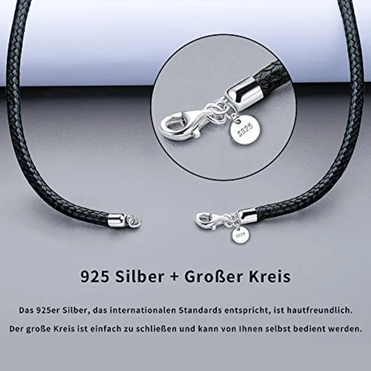 Viwind Lederkette 925 Silber Verschluss, geflochtene Kunstleder Halskette 2,5mm breit für Damen und Herren, wahlweise 45-60cm in Schwarz, ideal für Anhänger und DIY Schmuck – Bild 2