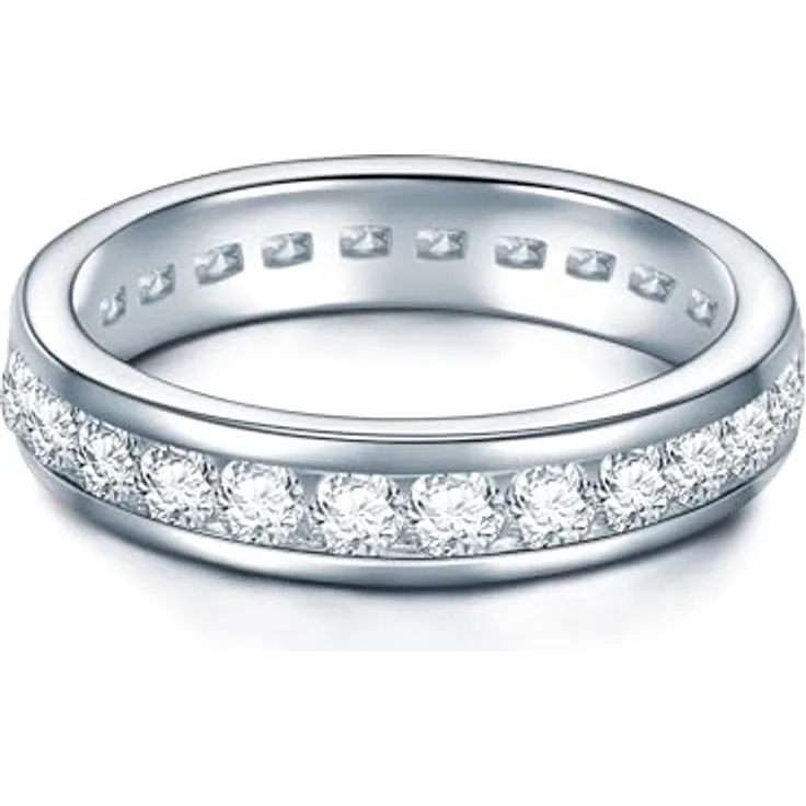 Trilani Damen-Memoirering, Sterling Silber Zirkonia weiß im Brillantschliff, 4,5 mm schmale Ringschiene, Verlobungsring Ehering Trauring mit edlem Lederetui