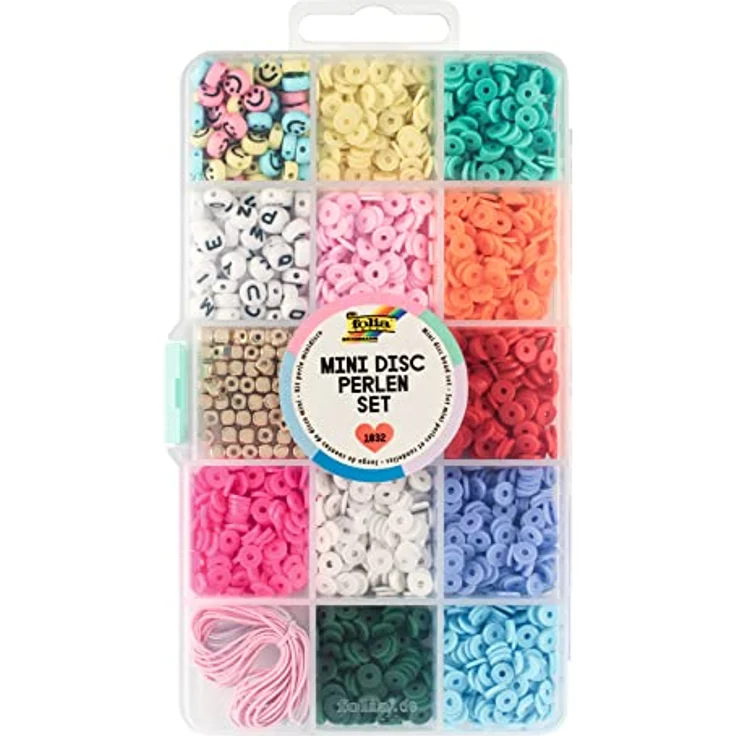 Folia 32019 Mini Disc Perlen Set, 1.832 Teile, mit 60 Buchstabenperlen, 1.650 Mini-Disc-Perlen, 60 Smiley-Perlen, 60 goldene Perlen, 2 Gummibänder je 2 m in Weiß & Rosé, Aufbewahrungsbox ca. 18,5 x 10 x 2,3 cm – Bild 2