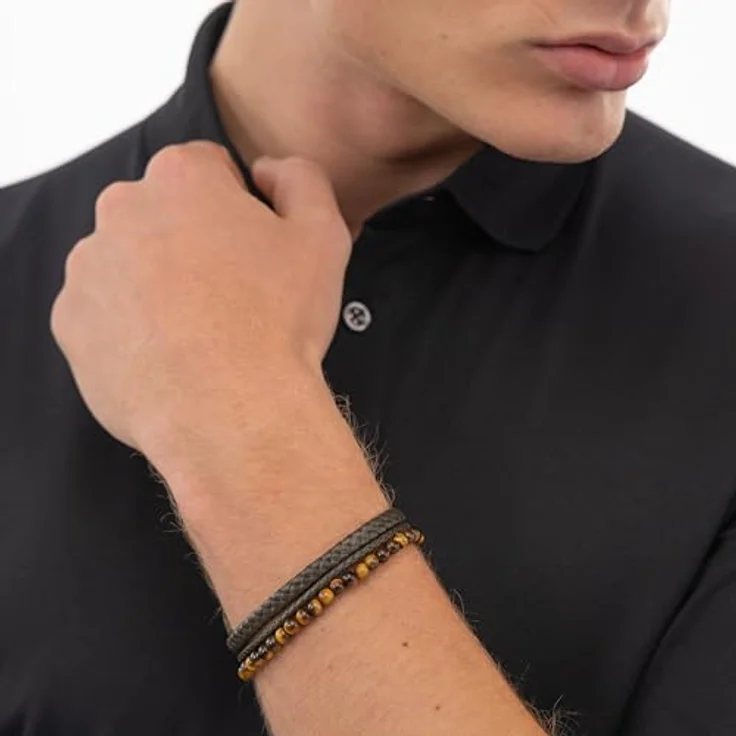BOSS Jewelry Herren-Armband SPHERE MIXED, modern mit Tigeraugenperlen und braunem Leder, verstellbar, 175-190 mm – Bild 4