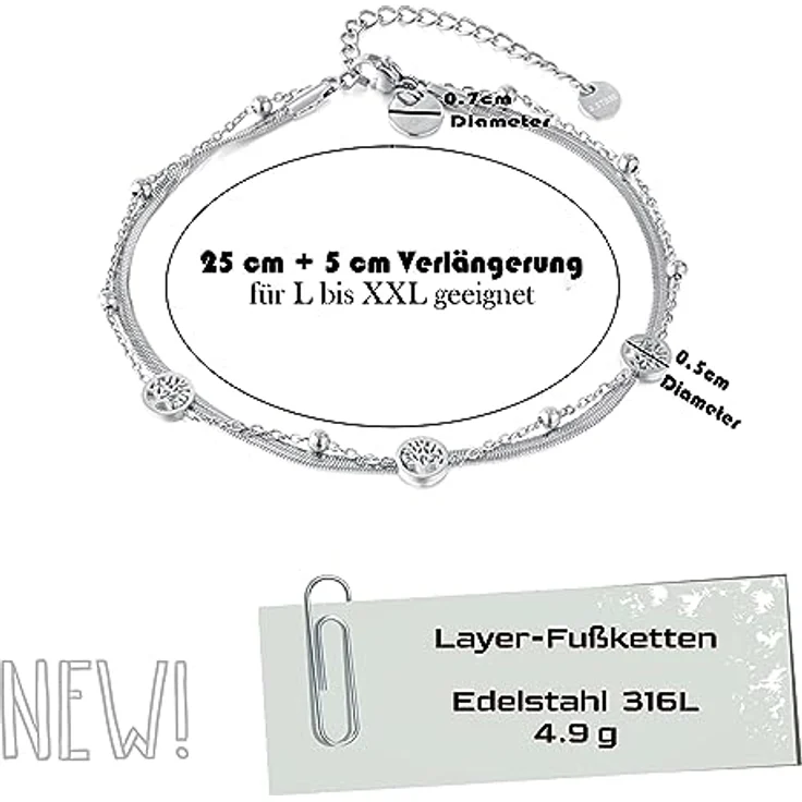 VICKWOOD Lebensbaum Fußkette für Damen, verstellbar 25-30cm, Edelstahl 18K vergoldet, in Gold/Roségold/Silber, hautfreundlich und pflegeleicht – Bild 4