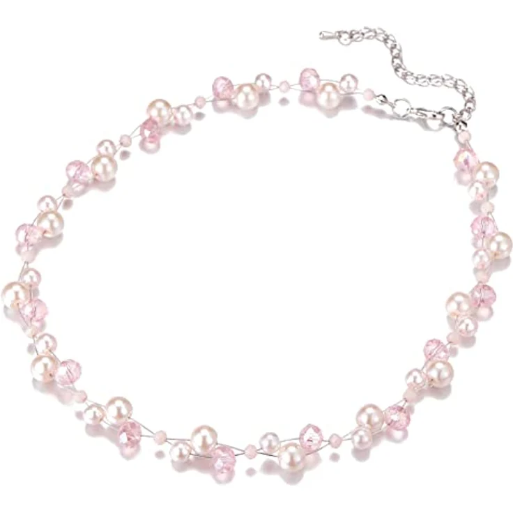 Bulinlin Damen Kristall Perlenkette, Silber Boho Statement Choker Halskette mit verlängerbarem Umfang, leicht rosa – Bild 3