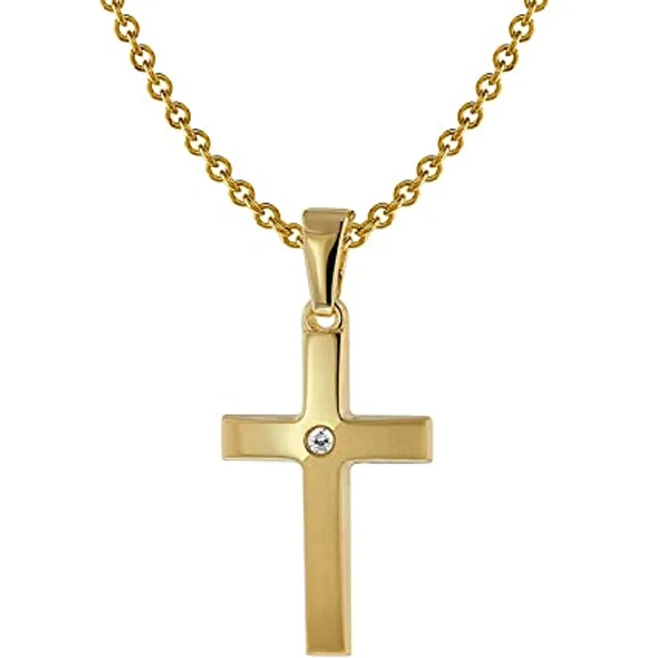 trendor Kreuz-Anhänger Gold 333/8 Karat mit vergoldeter Halskette, matt gebürstet und synthetischem Zirkonia, 19 x 13 mm
