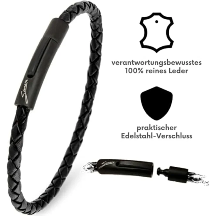 Simaru Lederarmband, 4mm geflochten aus Echtleder mit Edelstahl Hakenverschluss, Schwarz, 20cm (M), wasserfest, unisex, Premium-Qualität Made in Germany – Bild 2
