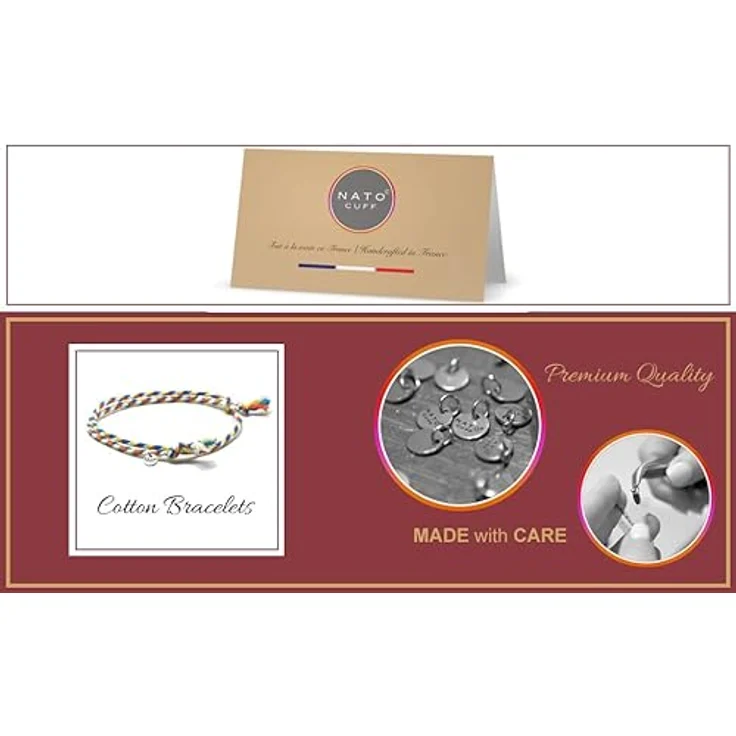 Nato Cuff Geflochtenes Baumwollarmband 2mm, Handgefertigt in Frankreich, Edelstahlmedaille 316L, Verstellbares Juwel für Herren und Damen, Beige – Bild 4