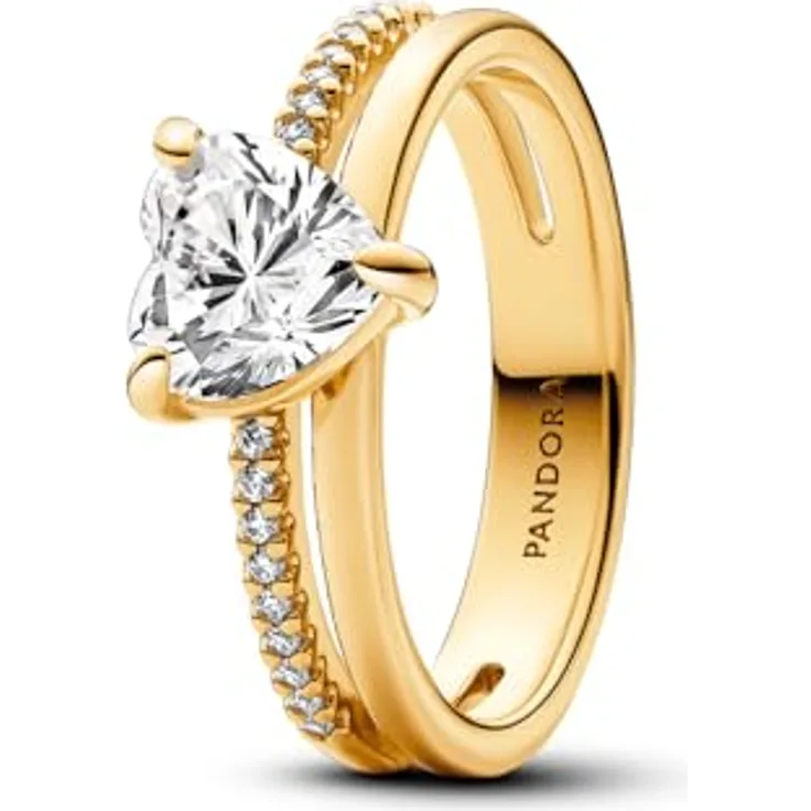 Pandora 163100C01 Damen-Ring Doppelschiene mit Herz, goldfarben, Zirkonia, 60/19,1