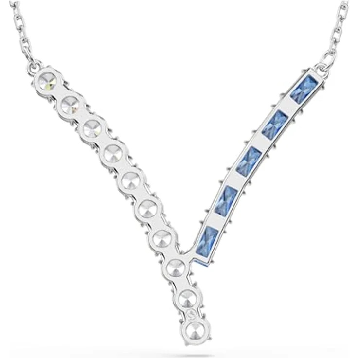 Swarovski Matrix Anhänger, Rhodinierte Damenhalskette mit V-förmigem Motiv, blauen und klaren Zirkonia in Rund- und Baguette-Schliffen, 38-45 cm – Bild 5