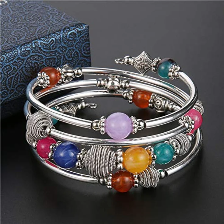 Bulinlin Silber Wickelarmband, Mehrschichtiges Damenarmband mit Natursteinperlen im Boho-Stil, farbenfroh, perfektes Geburtstagsmodegeschenk – Bild 3