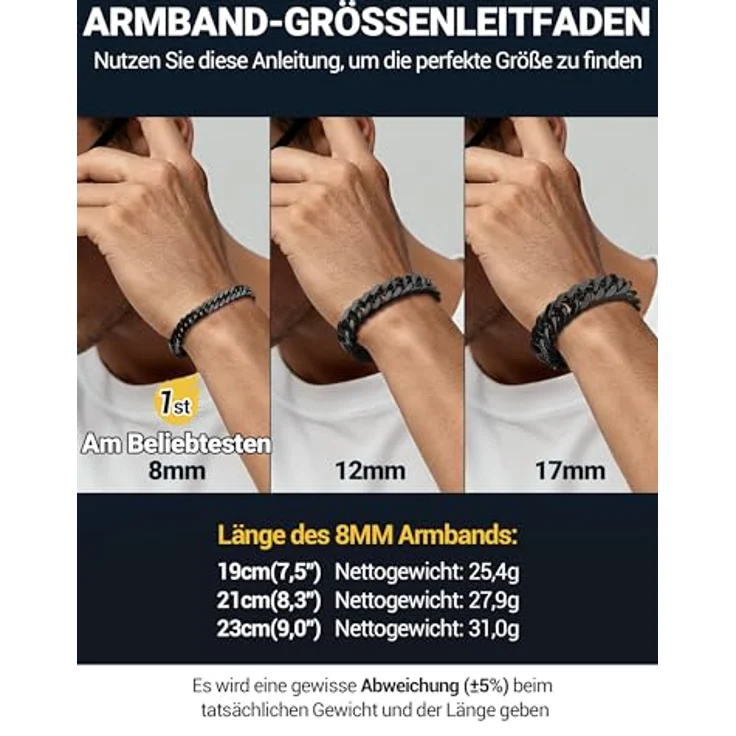 PROSTEEL Herren Armband Edelstahl Panzerkette, 21 cm, 8 mm breit, schwarz, korrosionsbeständig – Bild 3