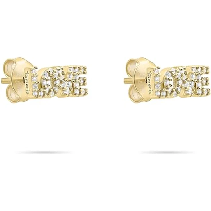 Tamaris Damen Ohrringe TJ-0705-E-09, 925 Silber IP Gold mit "LOVE" Schrift und Zirkoniasteinen, 1 cm, Steckverschluss – Bild 2