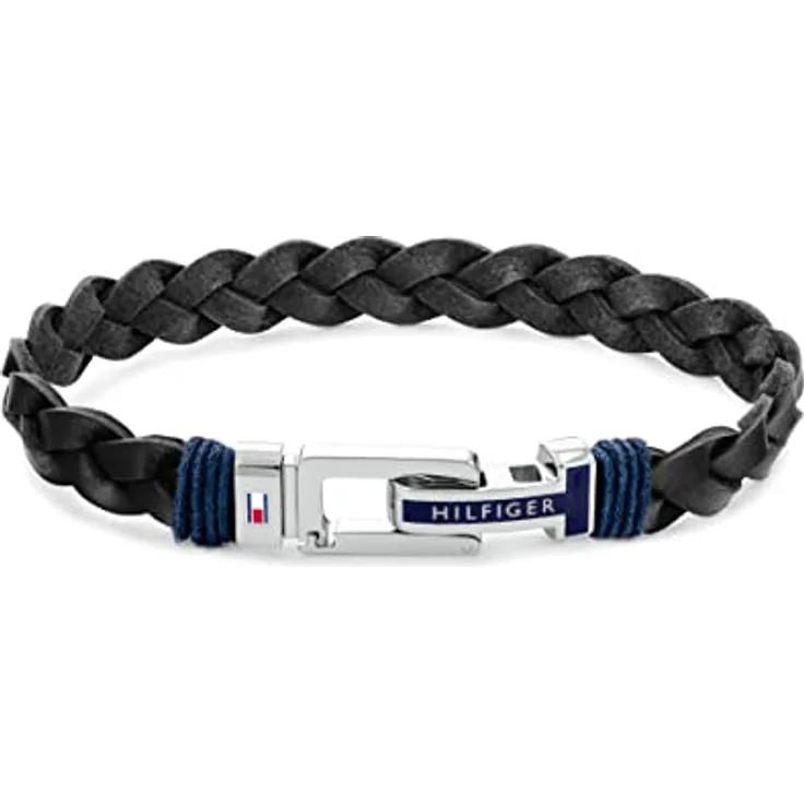 Tommy Hilfiger Geflochtenes Lederarmband für Herren, verstellbar, in Blau oder Schwarz, mit Edelstahlverschluss und Flaggenlogo