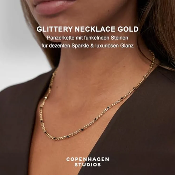 Copenhagen STUDIOS Glittery Halskette, gold, Damenkette aus 14K vergoldetem Edelstahl mit schwarzen Strasssteinen, verstellbare Länge, wasserfest – Bild 2