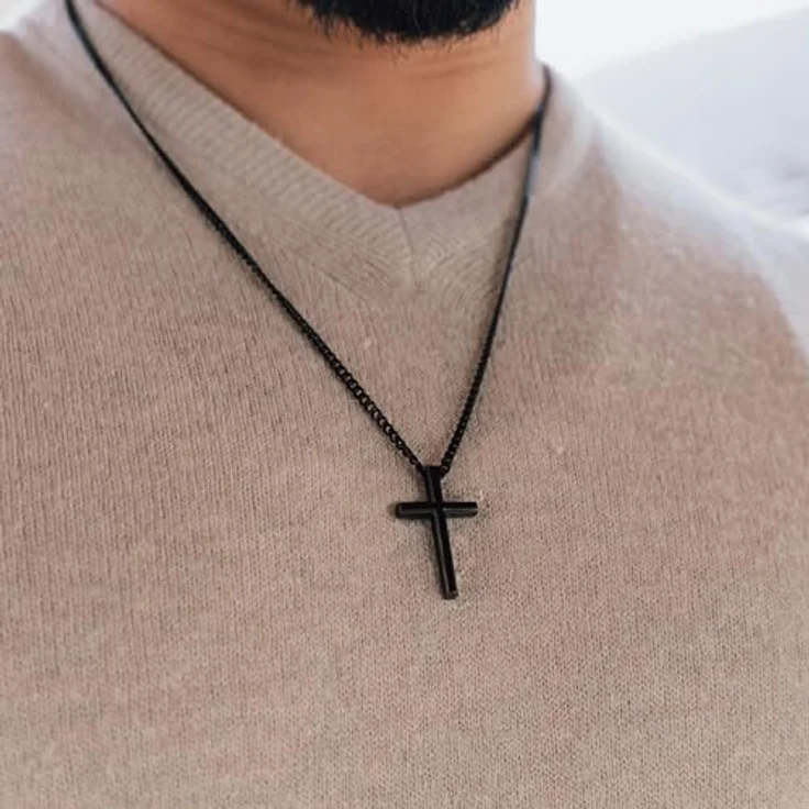 SERASAR Edelstahl Halskette Herren, schwarze Panzerkette mit Kreuz-Anhänger, 50cm/60cm, Geschenkbox – Bild 4