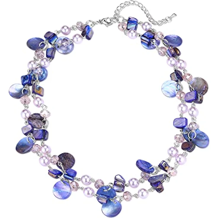 FULU AUTUMN Kristall Perlenkette Boho Muschelkette, mehrreihig, bunt, 18 Zoll + 2,7 Zoll Verlängerung, lila – Bild 1