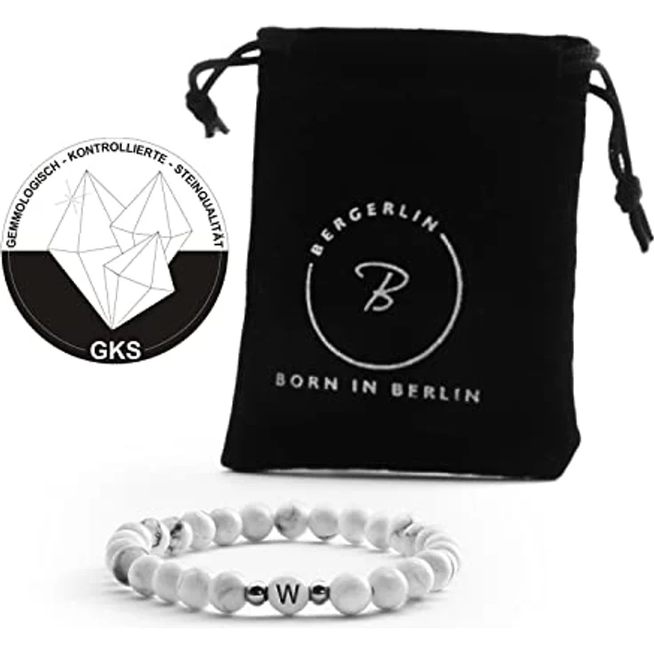BERGERLIN Buchstaben Armband Weiss, Partner Armband aus echtem Magnesit, elastisch für Handgelenksumfang 16-20 cm, Buchstabe W – Bild 2