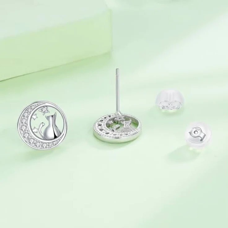Arrebol Katzen Ohrstecker, 925 Sterling Silber mit 3A Zirkonia, Design mit Katze auf Mond, Geschenkbox, für Damen – Bild 2