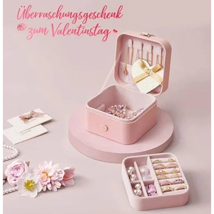 SONGMICS GISELLA Schmuckkästchen Reise, tragbare Schmuckaufbewahrung mit 2 Ebenen, pastellrosa, 11,2 x 11,8 x 7,2 cm – Bild 2