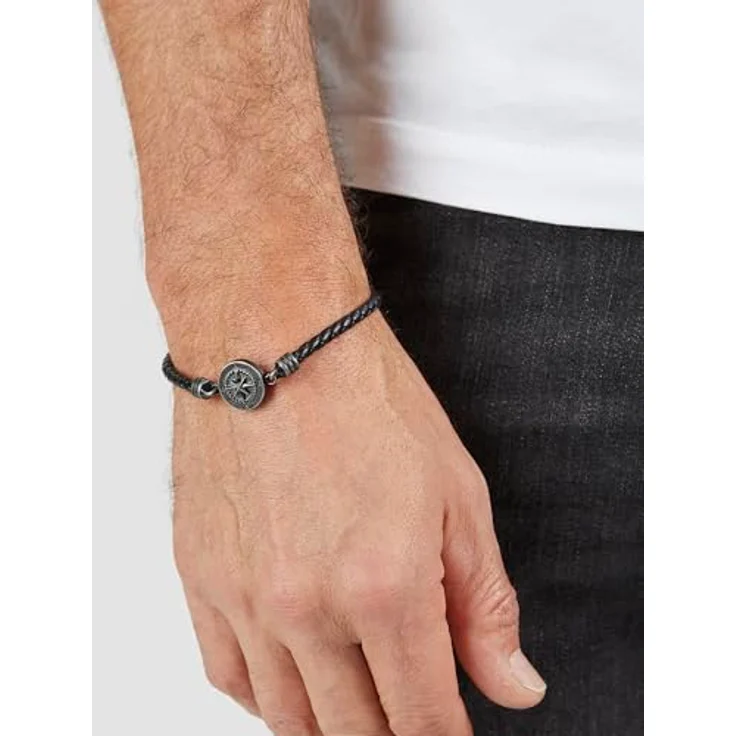 s.Oliver Herren Armband aus schwarzem Echtleder mit mattiertem Edelstahl und Kompass-Tag, 22 cm, stilvolles Geschenk – Bild 3
