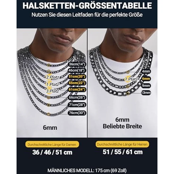 PROSTEEL Herren Halskette Figaro Kette, Edelstahl Schwarz, Breite 6mm, Länge 56cm, eleganter Schmuck für Männer – Bild 5