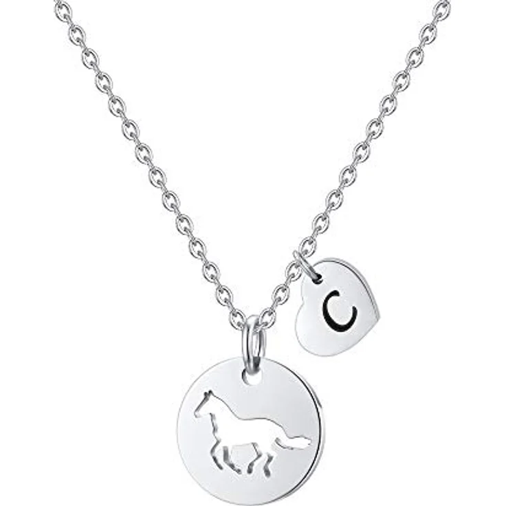 TINGN Mädchen Pferde Kette mit Herz Buchstaben, 16 Zoll Edelstahl Kette mit Buchstaben C, personalisiertes Geschenk für 8-jährige Pferdeliebhaber – Bild 1