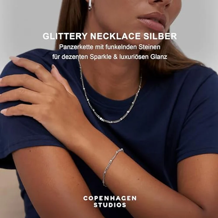 Copenhagen Glittery Halskette, silber, Damenkette aus poliertem Edelstahl mit Strasssteinen, verstellbare Länge, wasserfest – Bild 2