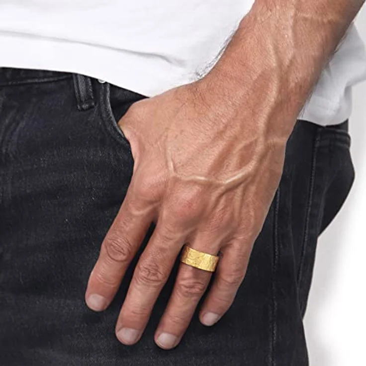 Kuzzoi Herrenring Bandring aus 925 Sterling Silber vergoldet, 9 mm, rustikale Struktur, Ringgröße 60 – 66 – Bild 5