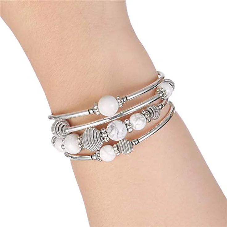 Bulinlin Silber Wickelarmband mit Howlite Naturstein Perlen, Boho Mehrschichtiges Damen Armband, perfektes Geburtstagsmodegeschenk für Frauen – Bild 4