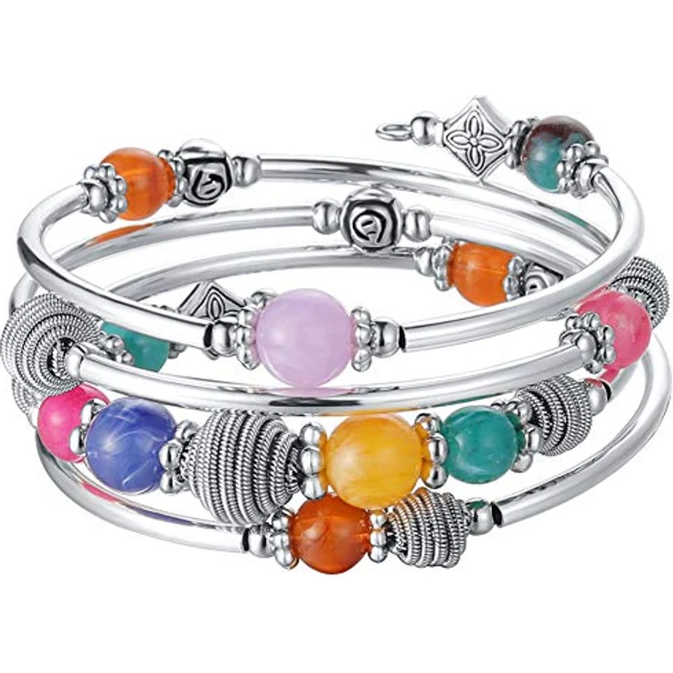 Bulinlin Silber Wickelarmband, Mehrschichtiges Damenarmband mit Natursteinperlen im Boho-Stil, farbenfroh, perfektes Geburtstagsmodegeschenk – Bild 1