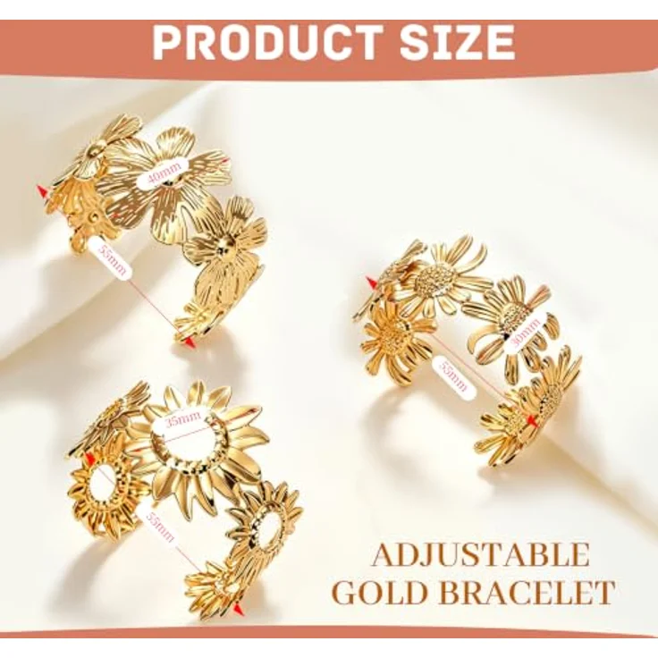FOSLXIN Gold Armreif Damen, Chunky Edelstahl Armband mit Blumen Vintage Design, verstellbar, hypoallergen, Gold B – Bild 3