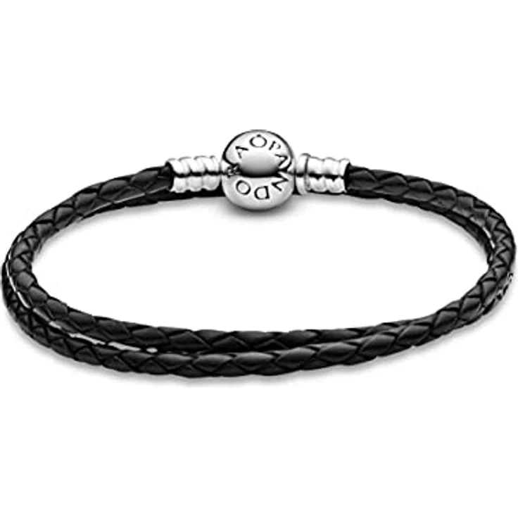PANDORA Moments doppeltes schwarzes Lederarmband mit geprägtem Kugelverschluss aus Sterling-Silber, vielseitig kombinierbar, Größe: 41 cm – Bild 2