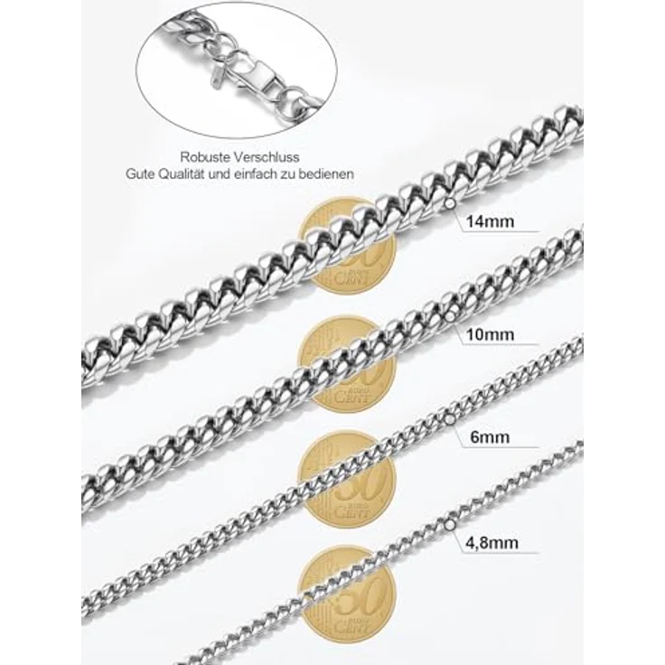 PROSTEEL Panzerkette 14mm Herren Halskette aus Edelstahl, 55cm lange kubanische Gliederkette im Hip-Hop Street Style, silber – Bild 5