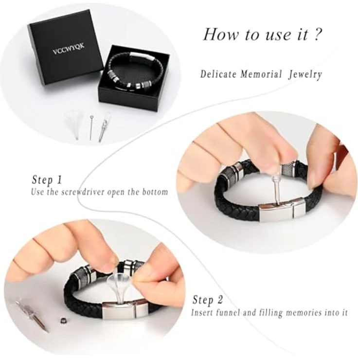 VCCWYQK Urnen-Kreuz-Armband für Asche, echtes Leder, 20/22/24 cm, Gedenk-Asche Schmuck für Herren, mit Edelstahlverschluss und Geschenkbox – Bild 5