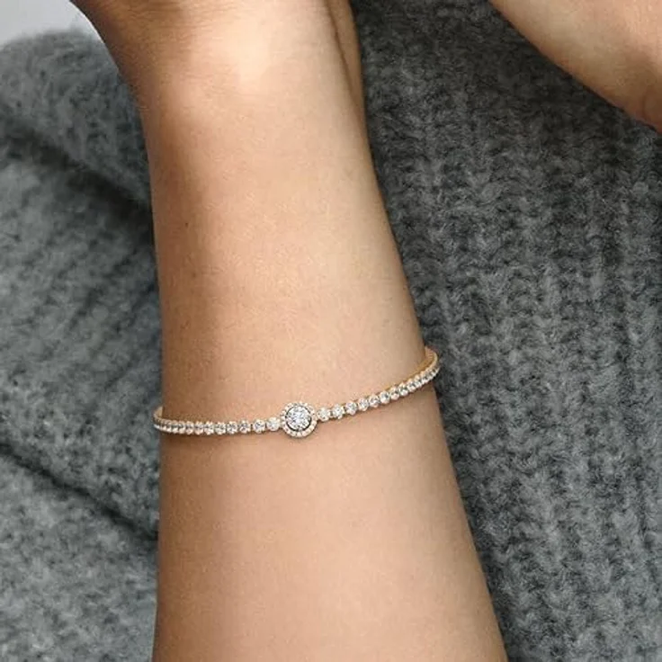 PANDORA Funkelnder Kranz Tennisarmband, 14 Karat vergoldete Metalllegierung mit künstlichen Kristallen, Größe 18, 569416C01-18 – Bild 5