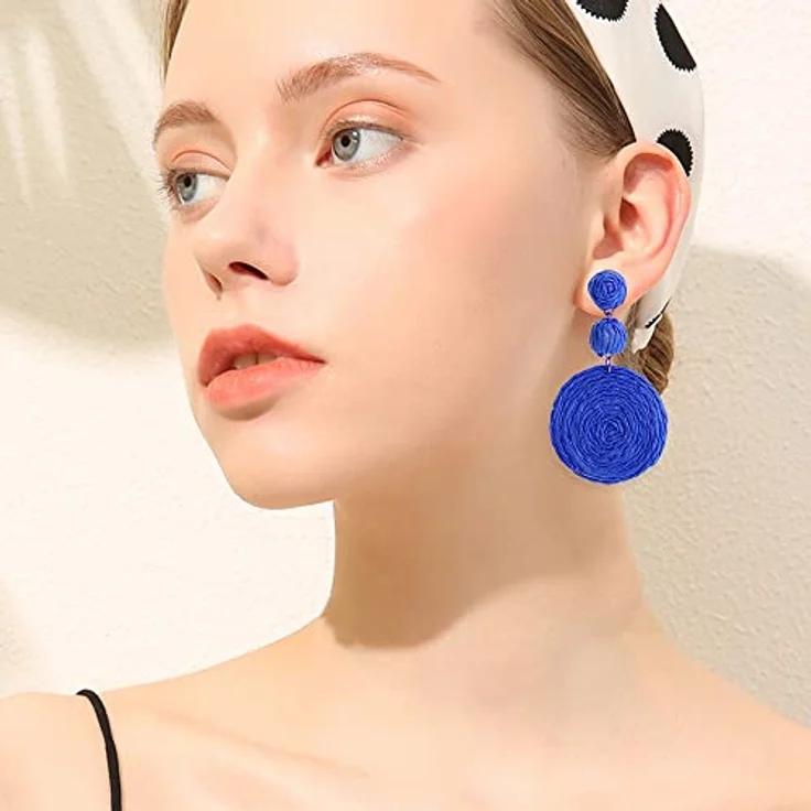 FDEETY Handgemachte Raffia Boho Ohrringe, Geometrische Creolen für Damen, Blau, 100% natürliche Rattanfaser, ultraleicht und bequem – Bild 2