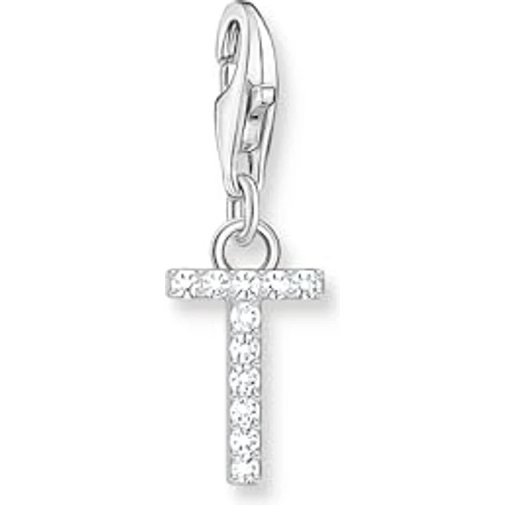 THOMAS SABO Charm-Anhänger Buchstabe T, 925er Sterlingsilber mit weißen Steinen, Karabinerhaken – Bild 1
