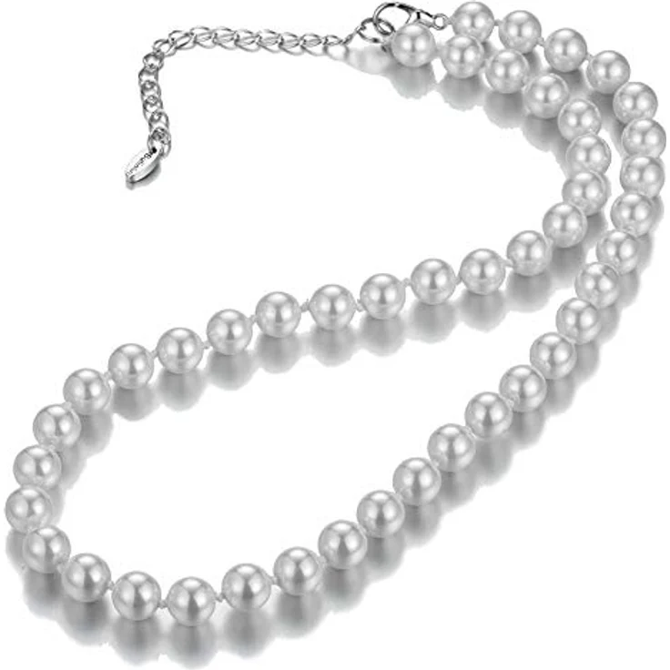 Bulinlin Damen Choker Halskette mit 8mm Weißen Muschelperlen und Silbernen Kupferperlen, Boho Statement Schmuck für Frauen, Allergiefrei mit Geschenkbox – Bild 3